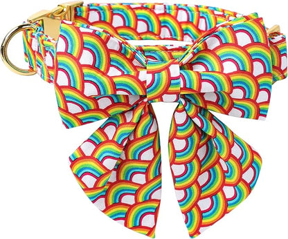Lionet Paws Rainbow Dog Collar with Sailor Bow, Soft and Comfortable Adjustable LGBT Pride Collar for X-Large Dogs, Neck 16-26 inches