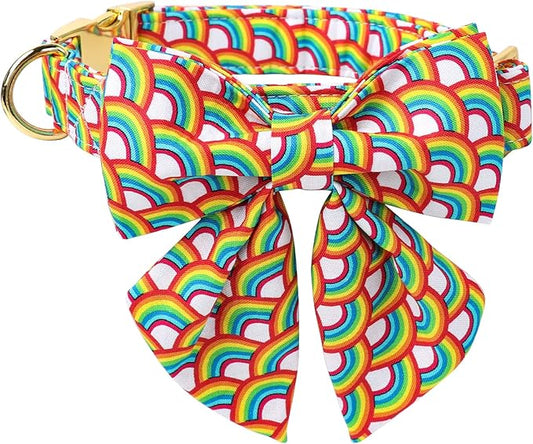 Lionet Paws Rainbow Dog Collar with Sailor Bow, Soft and Comfortable Adjustable LGBT Pride Collar for X-Large Dogs, Neck 16-26 inches