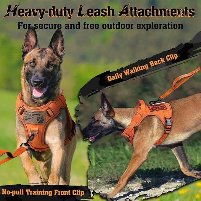 rabbitgoo Dog Harness for Large Dogs No Pull, Tactical Service Dog Vest with Molle and Control Handle, Adjustable and Reflective Military Pet Harness for Easy Walking and Training, Orange, XL