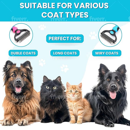Pet Comb Stainless Steel Double-Sided Shedding Dematting Cat Dog Rake Pet Brush With Stainless Steel Dog Tag,Paw Pet Stainless (BLUE)
