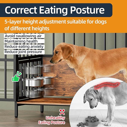 Large Dog Crate Furniture, with 360° Adjustable Elevated Feeder, Heavy Dog Furniture, Indoor Decorative Dog Kennel, Sturdy Metal Construction, 38" W×21" D×36" H, Rustic Brown Finish