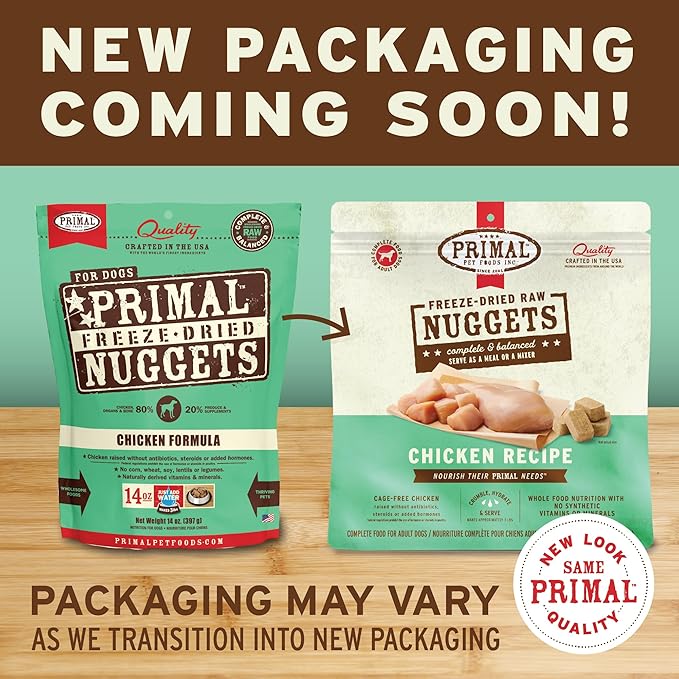 Primal Freeze Dried Dog Food Nuggets, Chicken; Complete & Balanced Meal; Also Use as Topper or Treat; Premium, Healthy, Grain Free, High Protein Raw Dog Food, 14 oz (Pack of 2)