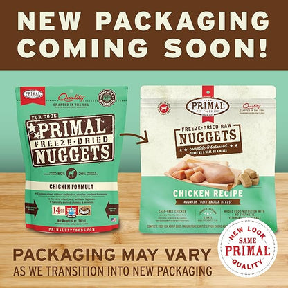 Primal Freeze Dried Dog Food Nuggets, Chicken; Complete & Balanced Meal; Also Use as Topper or Treat; Premium, Healthy, Grain Free, High Protein Raw Dog Food, 14 oz (Pack of 2)