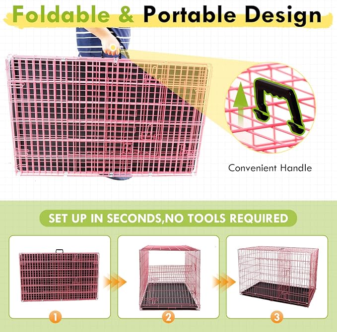 PayLessHere Large Dog Crate Kennel for Medium Large Dogs Metal Dog Cage Double-Door Folding Travel Indoor Outdoor Puppy Playpen with Divider and Handle Plastic Tray (42 Inch, Pink)