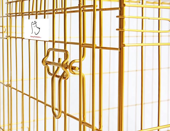 HOMEY PET Copper Gold Dog Crate 42 Inch, Portable Folding Metal Wire Dog Kennel Pet Dog Cage with Removable Floor Grid, Pull-Out Tray, Double Doors, Handle for Large Dogs, Indoor Outdoor