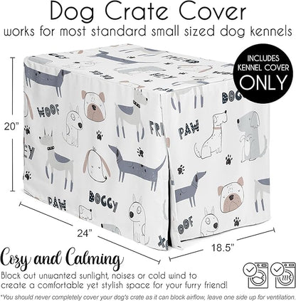 Sweet Jojo Designs 24in. Small Dog Crate Cover (Cartoon Puppy Print) Pet Cage, Kennel Covers (Neutral, Modern, Bulldog, Wiener Doggy, Paws, Whimsical, Playful, Woof, Dachshund, Blue, Taupe, Grey)
