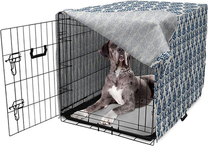Lunarable Contemporary Blue Dog Crate Cover, Abstract Coral Inspired Motifs with Dots Around, Easy to Use Pet Kennel Cover for Medium Large Dogs, 48 Inch, Pale Eggshell Night Blue