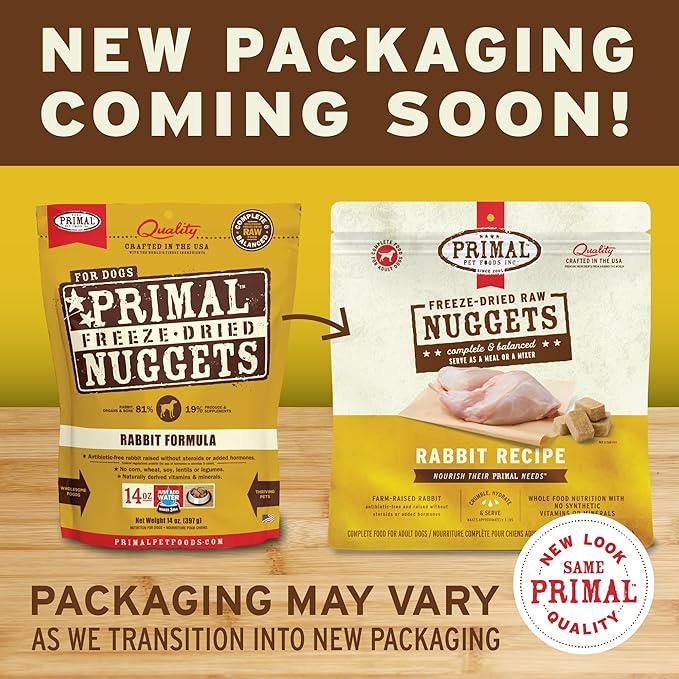 Primal Freeze Dried Raw Dog Food Nuggets, Rabbit, Complete & Balanced Meal, Also Use as Topper or Treat, Premium, Healthy, Grain Free, High Protein Raw Dog Food, 5.5 oz