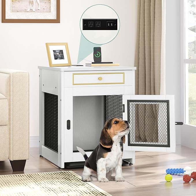 YITAHOME Dog Crate Furniture with Dual USB Charger, Wooden Dog Kennel End Table with Cushion Tray, Drawer for Small Dogs Under 25 lbs Indoor Use, White