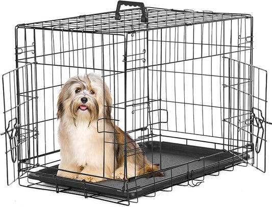 Sweetcrispy 24-Inch Double-Door Iron Dog Crate – Heavy-Duty Metal Kennel with Secure Locks, Foldable Design, & Removable Tray for Easy Cleaning, Durable Pet Cage for Home or Travel