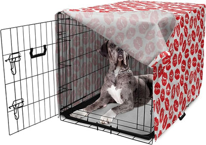 Lunarable Kiss Dog Crate Cover, Rhythmic Make up Red Luscious Lips Lipstick Imprint Illustration, Easy to Use Pet Kennel Cover for Medium Large Dogs, 48 Inch, Dark Pink and White