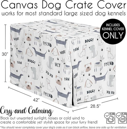 Sweet Jojo Designs Cartoon Puppy Print Dog Crate Cover – Kennel Covers for 42 Inch Pet Cage Medium/Large - Neutral Grey Taupe Blue White Modern Bulldog Wiener Doggy Paw Print Gray