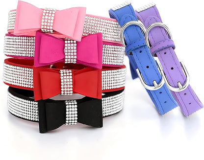 Rhinestone Bowtie Small Dog Collar and Leash Set, Diamond Puppy Collars Bow Crystal Bling Jeweled Glitter Girl Female Adjustable for XXSmall X-Small Small Medium Large Dogs (Dark Blue-1,Large)