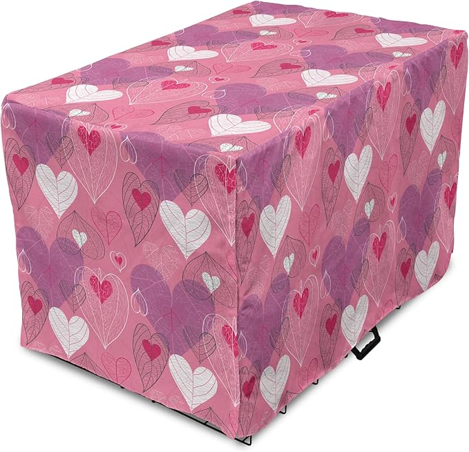 Lunarable Love Dog Crate Cover, Natural Theme Abstract Hearts Pattern Leaves Romantic Nature Art, Easy to Use Pet Kennel Cover for Medium Large Dogs, 36 Inch, Pink Purple