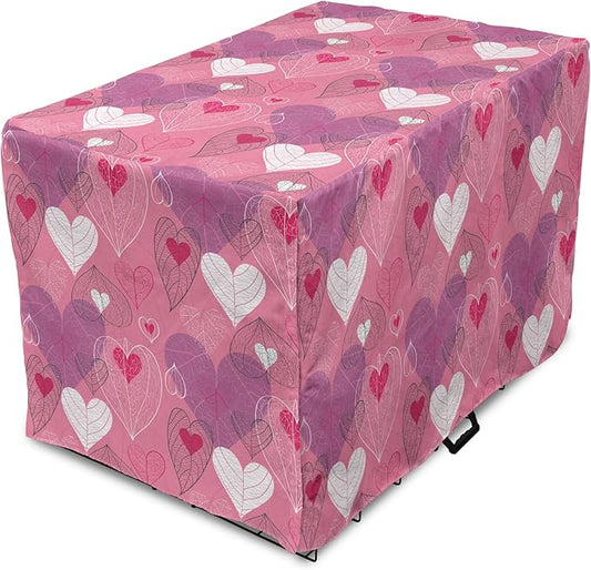 Lunarable Love Dog Crate Cover, Natural Theme Abstract Hearts Pattern Leaves Romantic Nature Art, Easy to Use Pet Kennel Cover for Medium Large Dogs, 36 Inch, Pink Purple