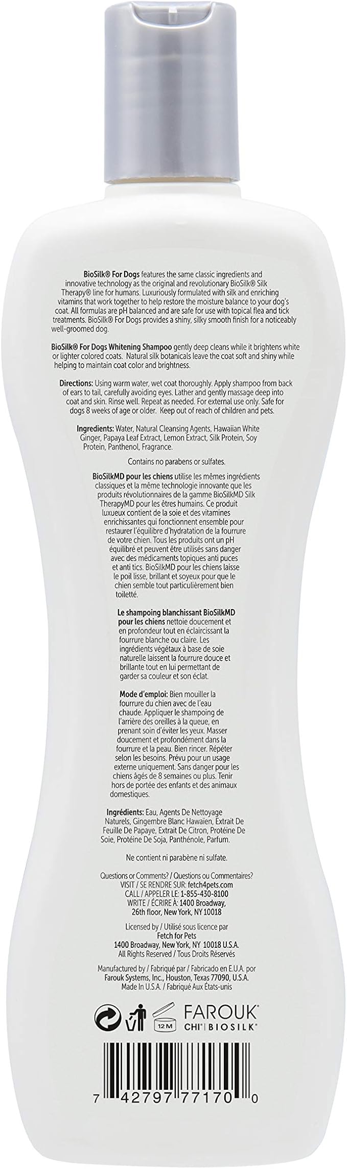 BioSilk for Dogs Silk Therapy Whitening Shampoo | Best Brightening for White Dogs to Keep A Clean, White Coat, 12 Oz Bottle, Pack of 2