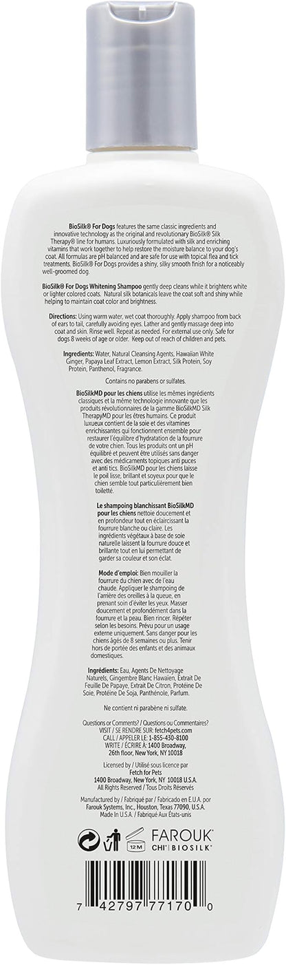BioSilk for Dogs Silk Therapy Whitening Shampoo | Best Brightening for White Dogs to Keep A Clean, White Coat, 12 Oz Bottle, Pack of 2