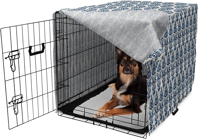 Lunarable Contemporary Blue Dog Crate Cover, Abstract Coral Inspired Motifs with Dots Around, Easy to Use Pet Kennel Cover for Medium Large Dogs, 36 Inch, Pale Eggshell Night Blue