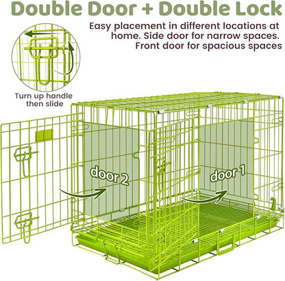 HOMEY PET 30 Inch Dog Kennel Indoor, Green Dog Cage for Small Dogs Foldable Dog Crates for Medium Dogs Nano-Coated Metal Wire Dog Crate with Removable Floor Grid Tray, Double Doors, Handle for Travel