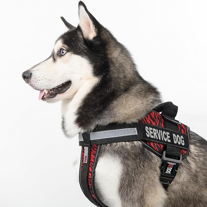 Dogline Unimax Dog Harness Vest with Service Dog Patches Reflective No-Pull, Adjustable Straps, Breathable Neoprene for Medical, Service, Identification and Training Dogs Girth 22 to 30" Zebra Red