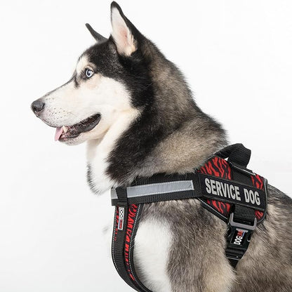 Dogline Unimax Dog Harness Vest with Service Dog Patches Reflective No-Pull, Adjustable Straps, Breathable Neoprene for Medical, Service, Identification and Training Dogs Girth 22 to 30" Zebra Red