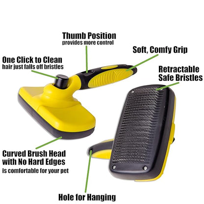 BarxBuddy Self Cleaning Slicker Brush for Dogs & Cats (Smooth & Gentle Bristles) Perfect Deshedding Tool For Long & Short Haired Dogs, Cats, Rabbits, and Other Pets Yellow