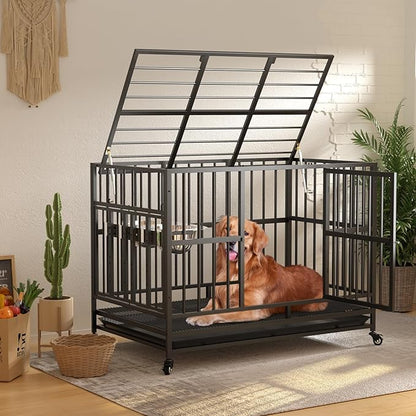 LOVMOR 43" Heavy Duty Dog Crate with Unique Air Lift Rod/Wheels/ 360° & Adjustable 2 Bowls, Extra Medium Dog Crate
