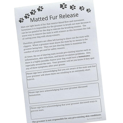 Matted Fur Release Forms for Dog Grooming Salons (Pad of 100, 5.5 X 8.5 Inches) - Addressing Mats