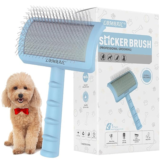 Slicker Brush for Poodles and Goldendoodles - Curved Brush for Thick, Fluffy, Shedding Fur on Dogs and Cats - Soft, Gentle Pins for Grooming (Blue)