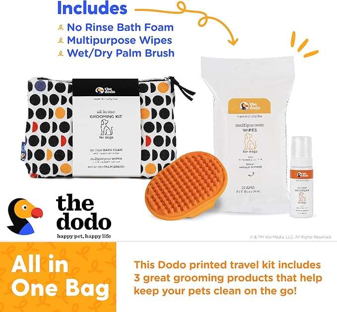The Dodo All-in-One Dog Grooming Kit, Includes No Rinse Bath Foam, Wipes, and Wet/Dry Brush; Vegan, Cruelty-Free and Contains no DEA, MEA, SLS or Parabens