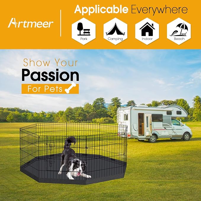 Dog Playpen Regular Octagon Metal Exercise Pet Playpen 8 Panels 24 Inch Bottom Pad Cover for Small Medium Pets Indoor Outdoor(Only Black Bottom pad Cover, Playpen Not Included)