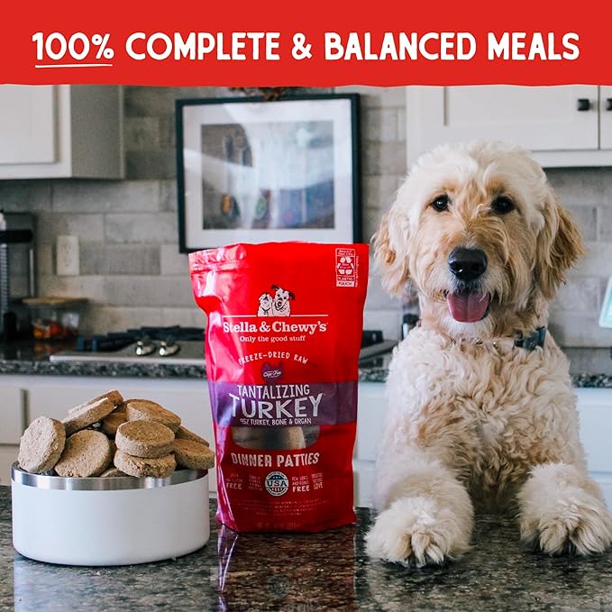 Stella & Chewy's Freeze Dried Raw Dinner Patties – Grain Free Dog Food, Protein Rich Tantalizing Turkey Recipe – 14 oz Bag