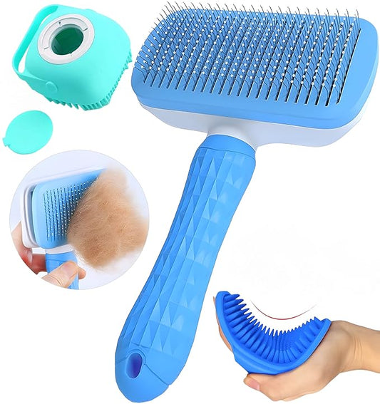 JASLAH 3 Sets with Comb, Pet Grooming Bath Brush Soft Silicone Bristle for Long Short Haired Dogs and Cats Shower, Bath Brush Soothing Massage Rubber Comb with Adjustable Ring Handle, Blue