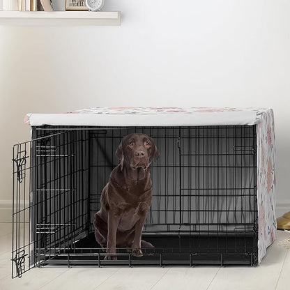 Sweet Jojo Designs Blush Pink Grey Boho Floral Dog Crate Cover – Kennel Covers for 42 Inch Pet Cage Medium/Large - Bohemian Farmhouse Shabby Chic Rose Lily Watercolor Flower Elegant Gray and White