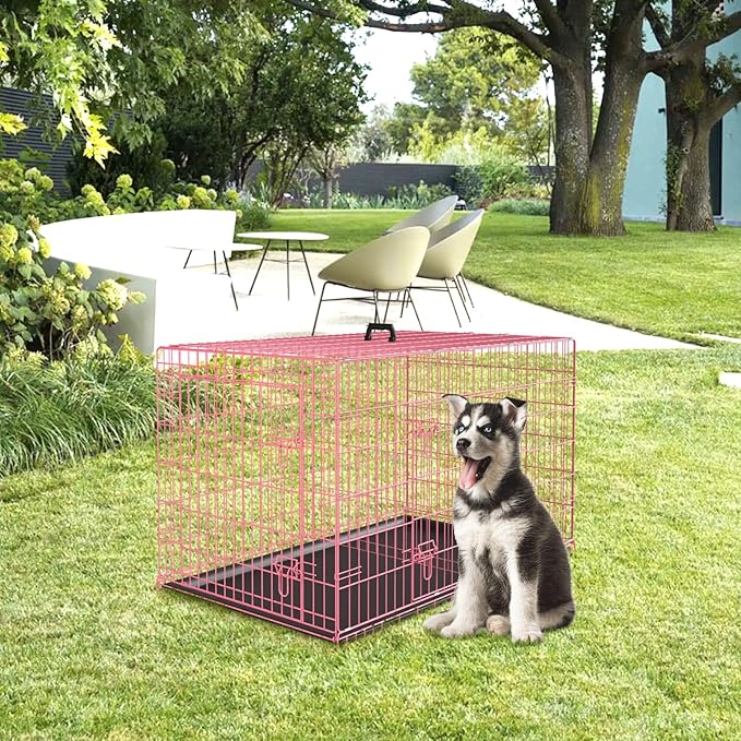 PayLessHere Large Dog Crate Kennel for Medium Large Dogs 36 inches Metal Dog Cage Double-Door Folding Travel Indoor Outdoor Puppy Playpen with Divider and Handle Plastic Tray,Pink