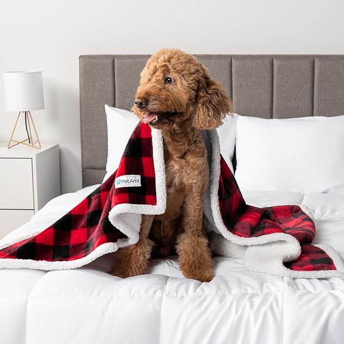 PetAmi WATERPROOF Dog Blanket for Medium Large Dog, Pet Puppy Blanket Couch Cover Protection, Fleece Cat Blanket Washable Throw, Couch Sofa Bed Furniture Protector Reversible Soft 60x40 Checker Red