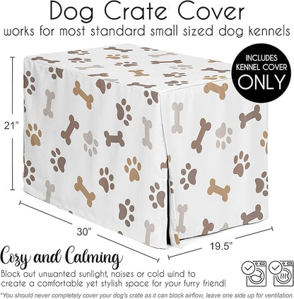 Sweet Jojo Designs 30in. Small/Medium Dog Crate Cover (Bones and Paw Prints) Pet Cage, Kennel Covers (Modern, Cartoon, Doggy, Puppy, Neutral, Paws Print, Whimsical, Brown, Tan, Grey, Taupe and White)