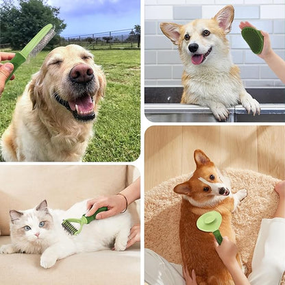 Nobleza 6PCS Dog Grooming Kit, Self-Cleaning Slicker Brush with Massage Tips, Dematting Comb for Shedding and Tangles, Ergonomic Bath Brush, Adjustable Handle, Safe for Dog Cat Puppy, Green