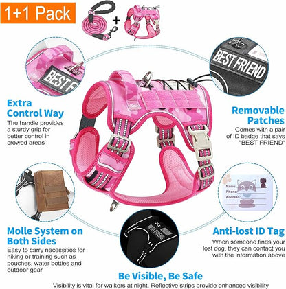 Heavy Duty Tactical Dog Harness for Large Dogs, No Pull Adjustable Pet Harness Reflective Service Training Easy Control Pet Vest Military K9 Working Dog Harnesses-X- Large, Pink Camo