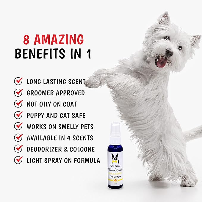 Warren London - Wet Kiss Dog Cologne, Long Lasting Dog Spray, Dog Deodorant to Remove Odor from Stinky Dogs, Milk & Honey, 2 Ounce Bottle