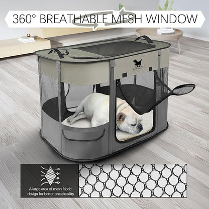 Rest-Eazzzy Dog Playpen, Foldable Kitten Playpen for Medium Dogs, Portable Pet Puppy Playpen with Removable Shade Cover, Indoor Outdoor Travel Camping Use for Small Pets with Carrying Case (L, Grey)