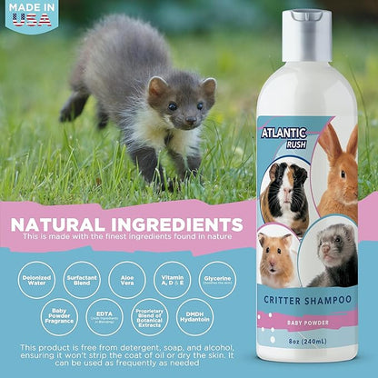 Critter Shampoo for Small Pets - 8oz Small Animal Baby Powder Scented Shampoo - Pet Shampoo for Small Critters Including Ferrets, Guinea Pigs, Rabbits, Hedgehogs, Hamsters & Sugar Gliders