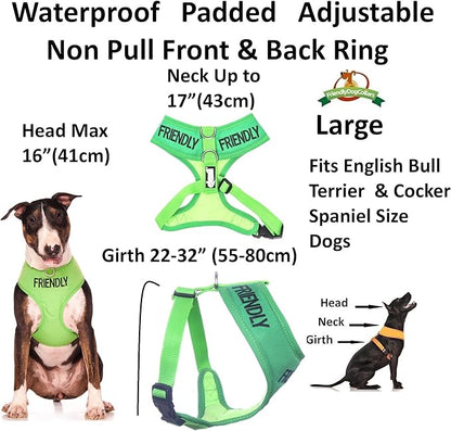 FRIENDLY (Known as Friendly to all) Green Color Coded Non-Pull Front and Back D Ring Padded and Waterproof Vest Dog Harness PREVENTS Accidents By Warning Others Of Your Dog In Advance (L)