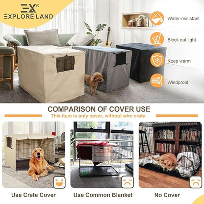 Explore Land 36 inches Dog Crate Cover Heavy Duty Polyester Pet Kennel Sunshade Universal Fit for Wire Cage (Light Tan)