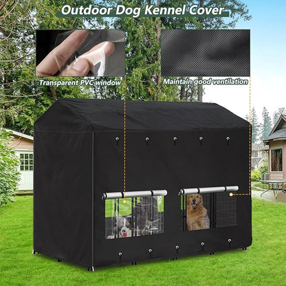 Outdoor Dog Kennel Cover 8'Dx4'Wx6'H Full Coverage Windproof Anti-UV.with Transparent PVC Window and Breathable Mesh.Waterproof Dog Kennel Cover for Multiple Brands of Dog Kennels,Cover Only.(Black)