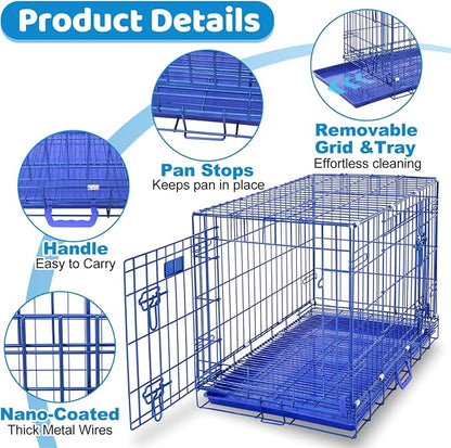 HOMEY PET Blue 30 Inch Dog Crate, Small Dog Kennel Indoor Collapsible Dog Cage Medium Sized Dog Nano-Coated Metal Wire Dog Crates with Removable Floor Grid and Tray, Double Doors Dual Locks, Handle