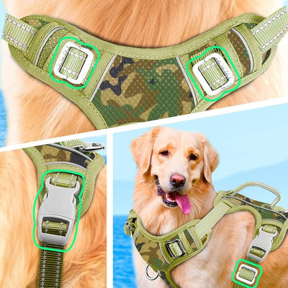 BARKBAY No Pull Dog Harness Large Reflective Dog Harness with Front Clip and Easy Control Handle for Walking Training Running with ID tag Pocket(Camo,XL)