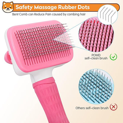 Self Cleaning Slicker Brush for Pets, Massaging & Grooming, Removes Loose Undercoat & Portable Comb for Long Short Haired Dogs & Cats (Pink)