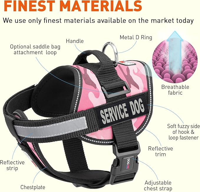 Dogline Unimax Service Dog Harness Vest with Removable Service Dog Patches Adjustable Straps Breathable Neoprene for Medical Identification Training Dogs Girth 15 to 19 in Pink Camo