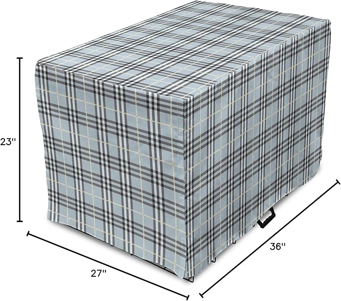 Lunarable Plaid Dog Crate Cover, Traditional Vintage Pattern with Modern Look Checkered Pastel Colored, Easy to Use Pet Kennel Cover for Medium Large Dogs, 36 Inch, Pale Blue Dimgray Cream